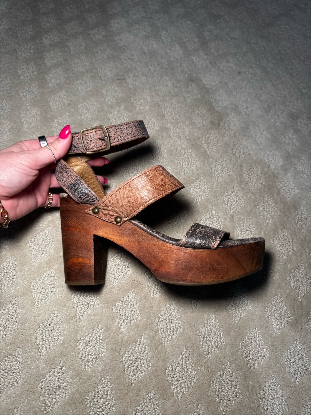 Bedstu Leather Platform Sandal with Wood Heel